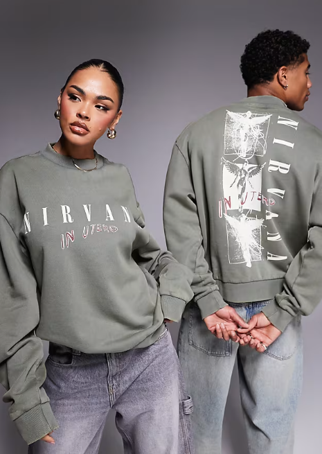 ASOS DESIGN unisex boxy Relaxed sweatshirt with Nirvana prints in washed khaki