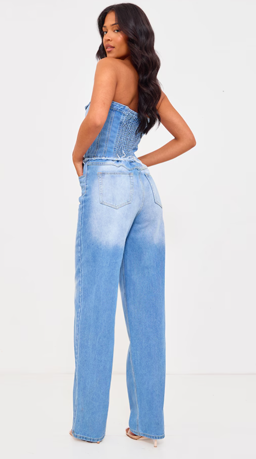 Tall Light Blue Wash Button Up Bandeau Denim Jumpsuit