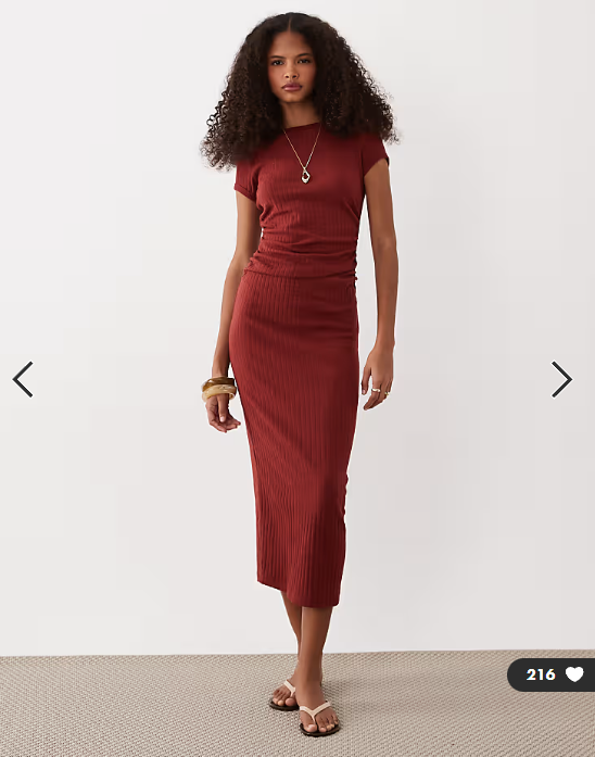 ASOS DESIGN ribbed cap sleeve ruched midi dress in rust