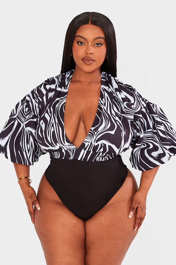 Plus Black Zebra Print Puffball Sleeve Bodysuit