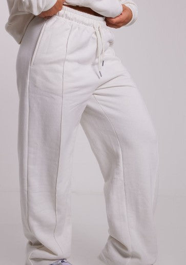 White Oversized Pintuck Wide Leg Joggers