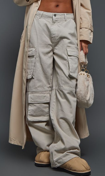 Washed Stone Baggy Wide Leg Cargo Pocket Jeans