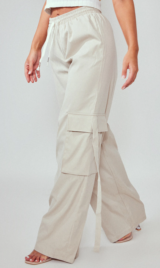 Stone Elasticated Waist Wide Leg Cargo Trousers