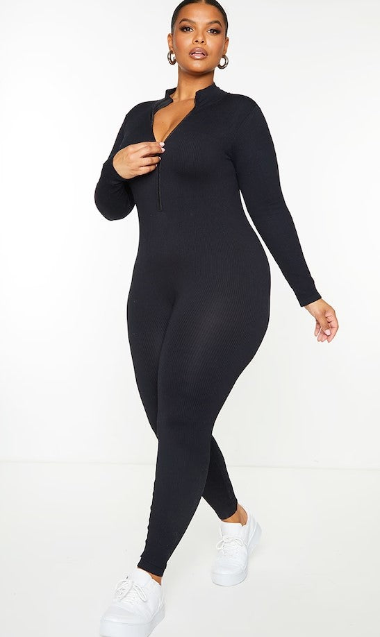 Plus Black Structured Snatched Rib High Neck Jumpsuit