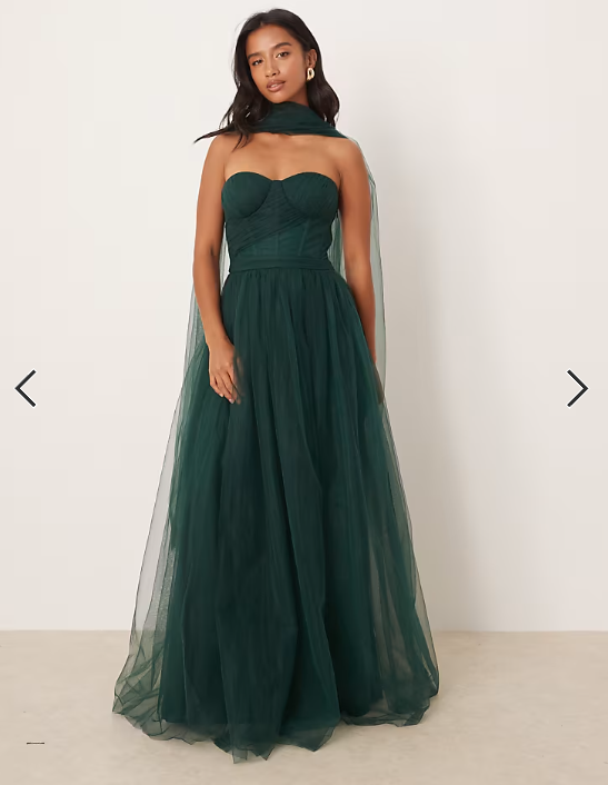 Lace & Beads Petite scarf neck corset tulle maxi dress in forest green