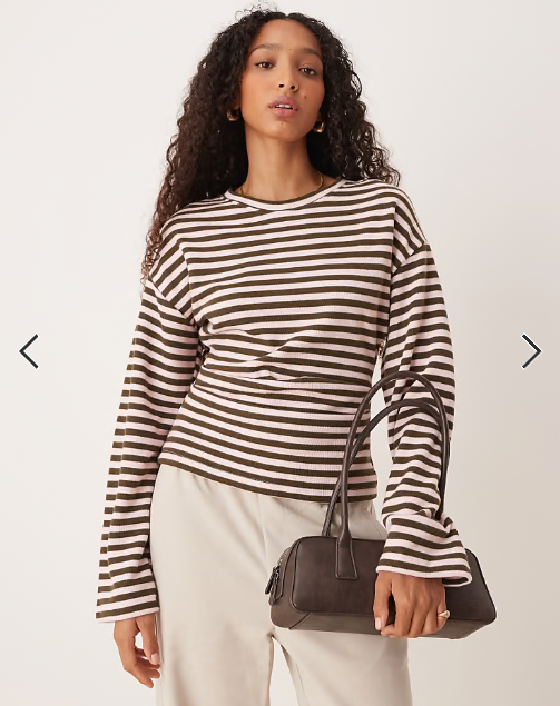 ASOS DESIGN Supersoft long sleeve corset waist tee in khaki stripe - KHAKI