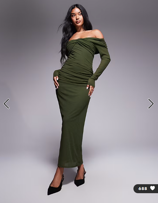 ASOS DESIGN textured mesh bardot twist front midi dress in khaki