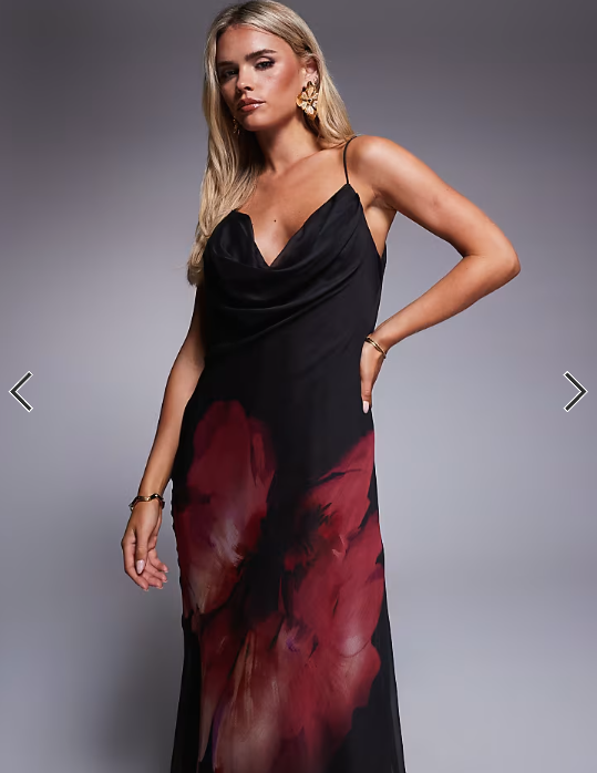 ASOS DESIGN Petite cowl neck plunge maxi dress with back detail in pink placement floral print
