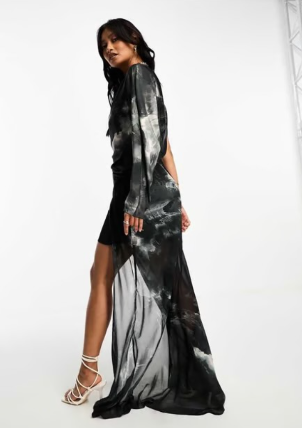 ASOS DESIGN satin draped one shoulder maxi dress with chiffon bias skirt in mono blurred print-Multi