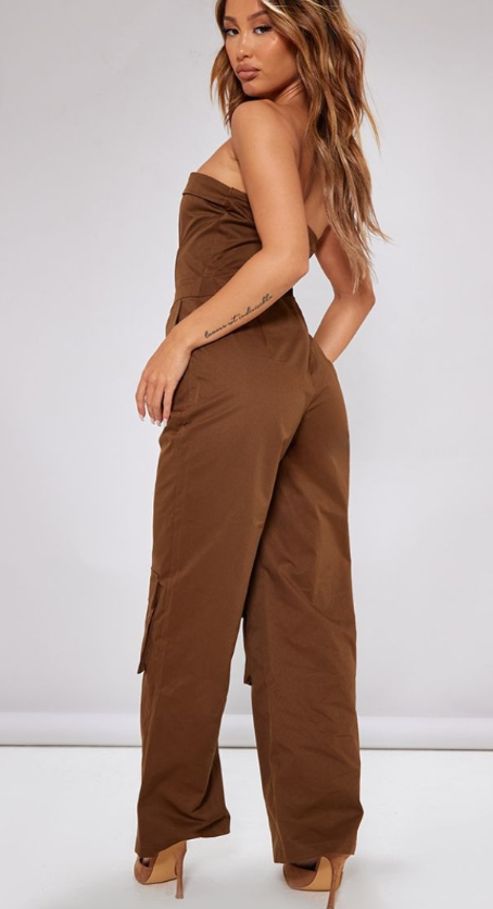 Plt - Petite Brown Corset Detail Cargo Jumpsuit