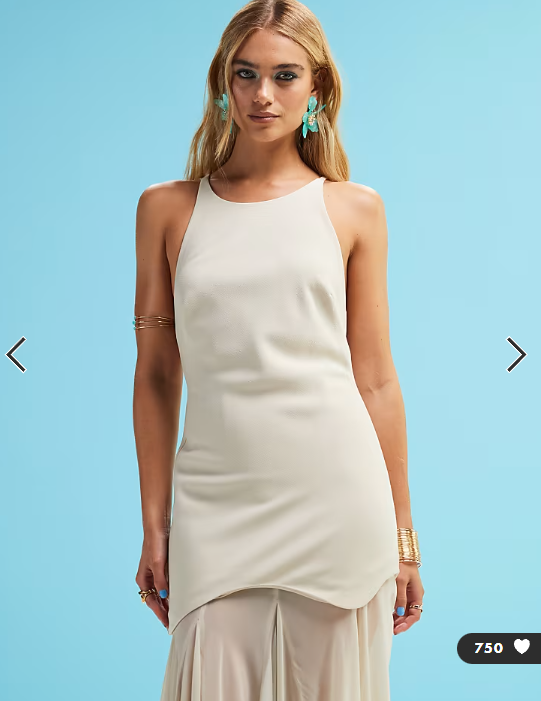 ASOS DESIGN high neck structured maxi dress with waved hem and chiffon godet skirt in stone