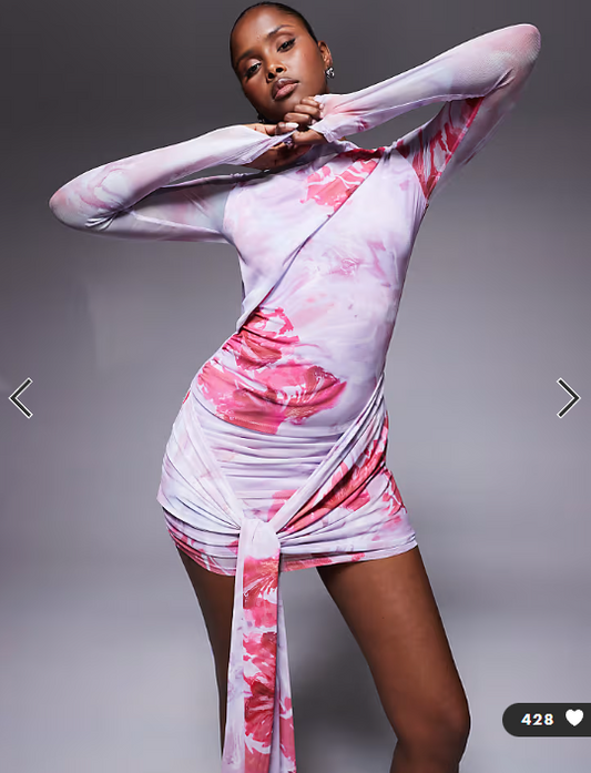 ASOS DESIGN mesh tie shoulder mini dress with knot drape detail in pink floral print