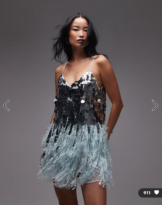 ASOS ARCHIVE paillette sequin mini dress with faux feather hem in blue