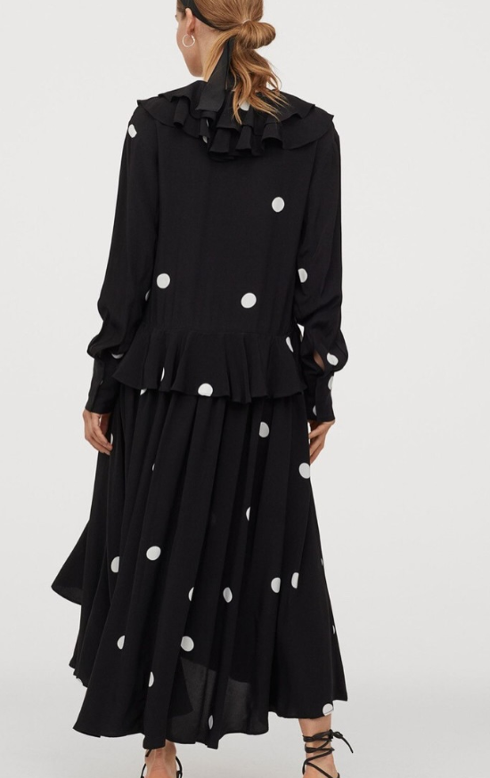 H&M - Black White Spot Bohemian Ruffle Trim Long Midi Dress