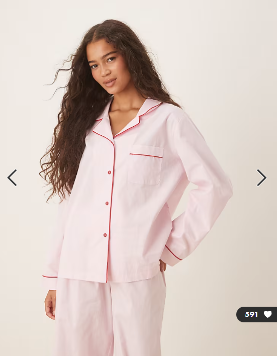 ASOS DESIGN woven shirt & wide leg pyjama set in pink with contrast piping in red