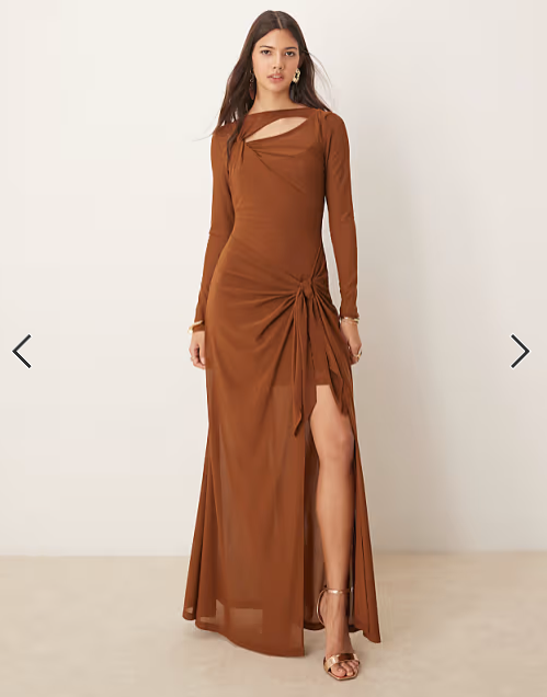 Ever New long sleeve draped maxi dress in brown
