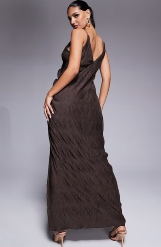 ASOS DESIGN plisse cami maxi dress with waterfall corsage in brown