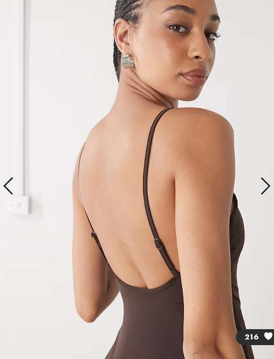 Monki scoop neck high leg swimsuit in dark chocolate brown