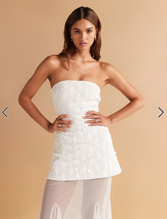 ASOS DESIGN cutwork embellished structured maxi dress with sheer full skirt in white