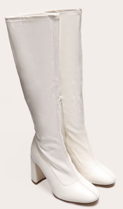 Plt - Cream PU Wide Fit Round Toe Knee High Block Heeled Sock Boots