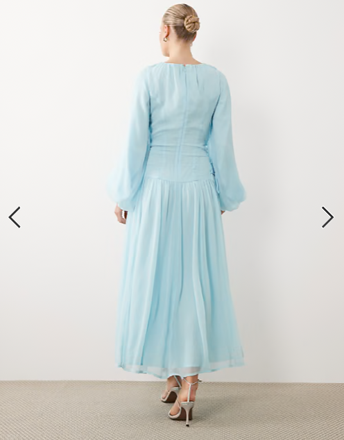 ASOS DESIGN long sleeve chiffon tie detail maxi dress in sky blue