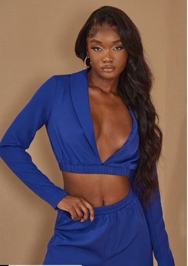 TALL BLUE CROPPED CUT OUT BACK SHIRT