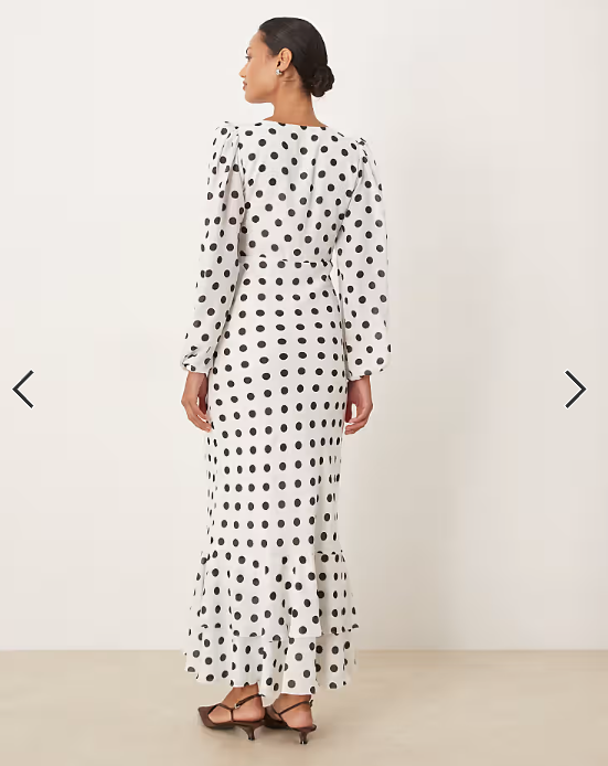 Lace & Beads long sleeve ruffle hem maxi dress in white polka dot