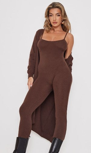 Chocolate Underbust Detail Knitted Jumpsuit