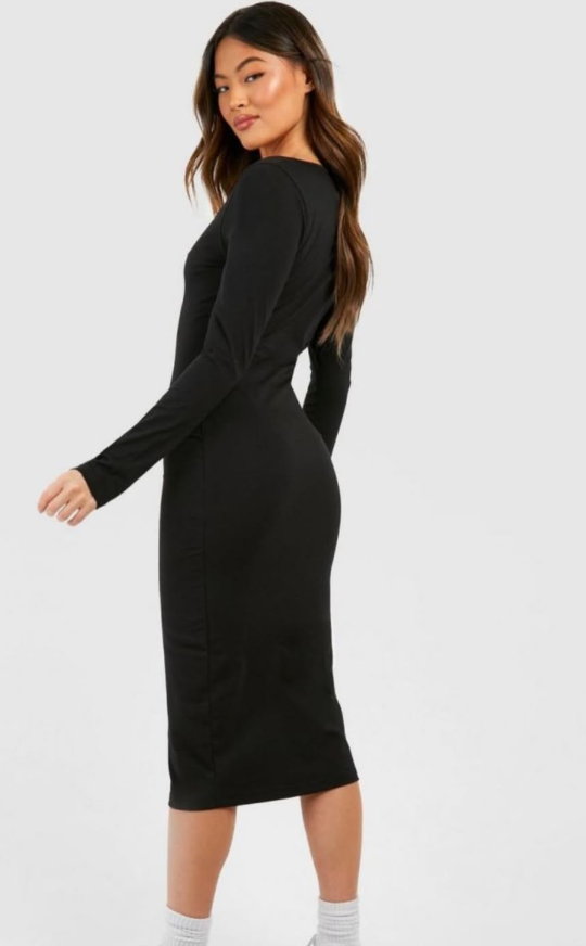 Boohoo - Notch Neck Long Sleeve Jersey Midi Dress - black