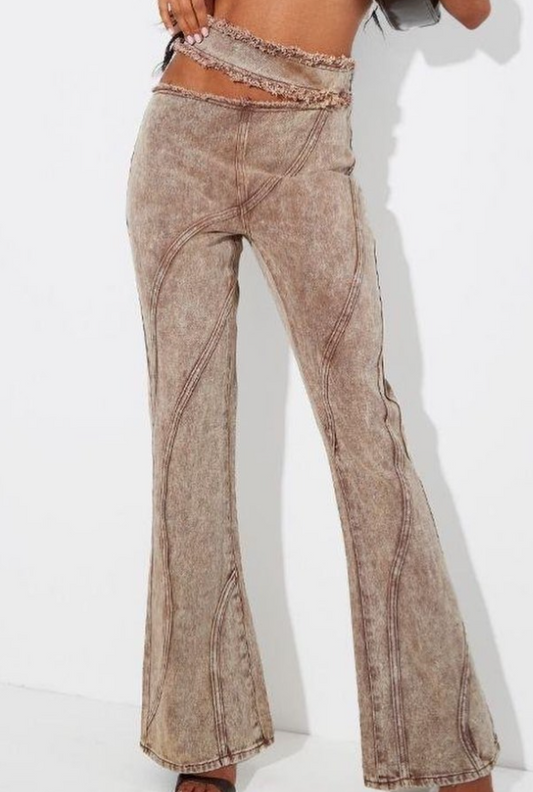 Plt - Brown Acid Wash Frayed Edge Cut Out Asymmetric Flared Denim Jeans