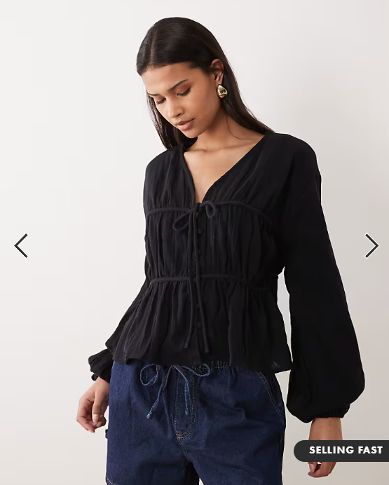 ASOS DESIGN long sleeve smock top with button front in black