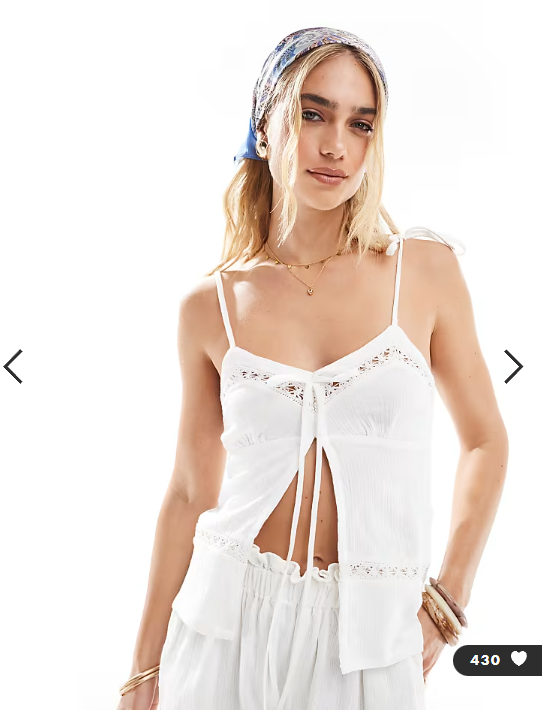 Esmee Exclusive tie strap beach crop top with tie front and lace cut out detail in white