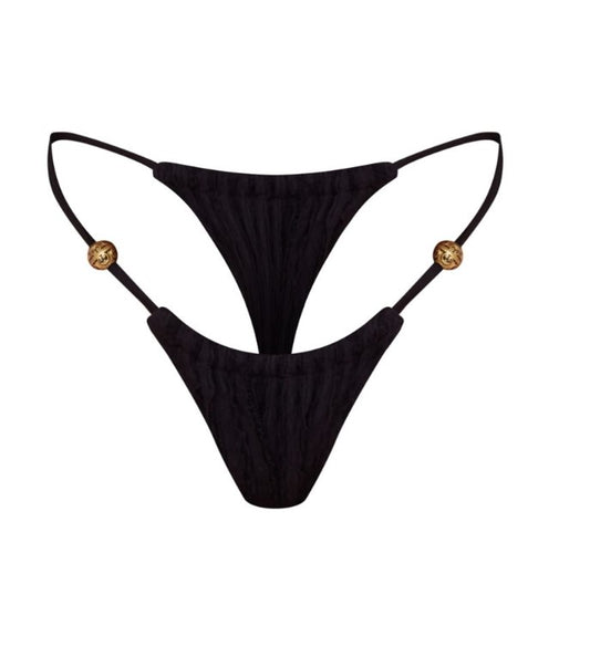 Black Textured Beaded Detail Bikini Bottoms