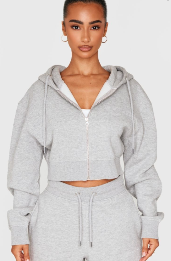 Petite Ash Grey Zip Up Embossed Detail Crop Hoodie