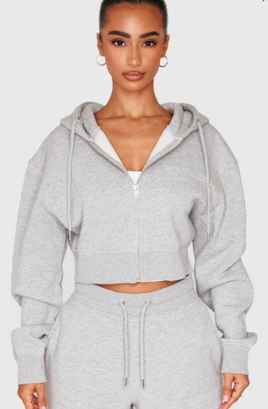 Petite Ash Grey Zip Up Embossed Detail Crop Hoodie