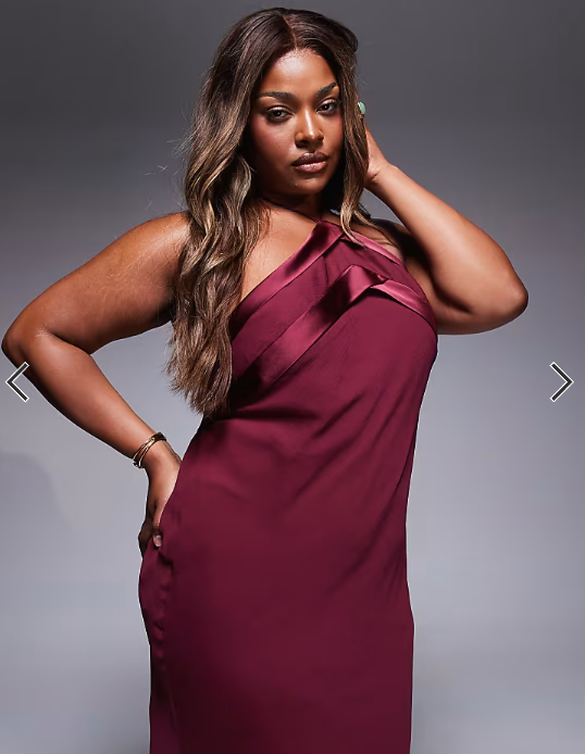 ASOS DESIGN Curve satin tape halter maxi dress in burgundy
