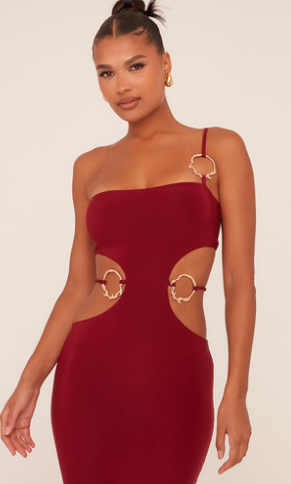 One Shoulder Cut Out Ring Detail Maxi Dress In Wine Slinky