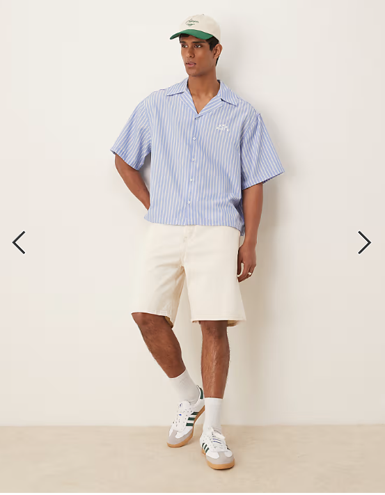 ASOS DESIGN boxy oversized revere shirt with embroidery in blue and white stripe