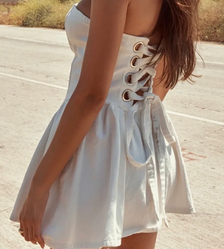 PLT - white Lace Up Corset Style Back Denim Puffball