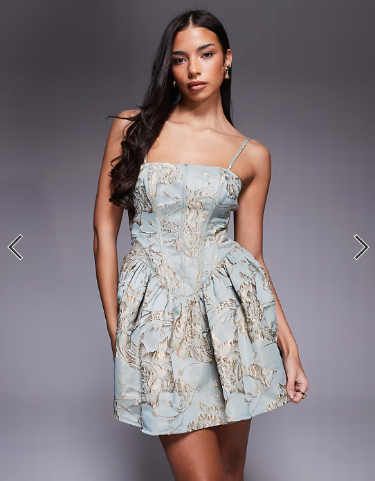 ASOS LUXE jacquard corset skater dress with cape detail and 3D flowers in blue floral