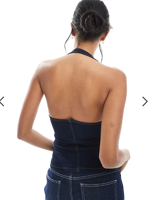 ASOS DESIGN denim halter neck top co-ord with zip front and studs in indigo
