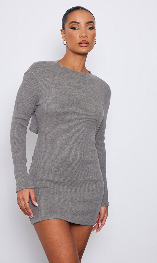 Grey Rib High Neck Open Back Bodycon Dress