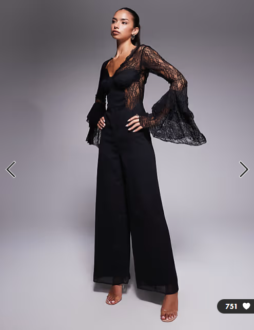 ASOS DESIGN corset detail jumpsuit with lace ruffle sleeves in black