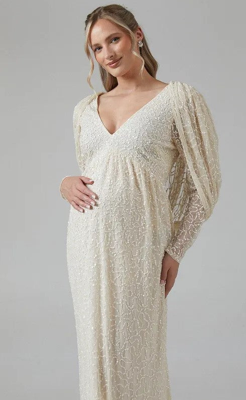 Maternity Cowl Back Long Sleeve Embellished Wedding Dress