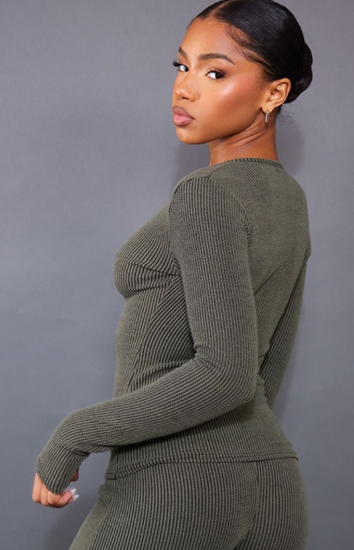 Moss Khaki Two Tone Rib Longline Zip Up Top