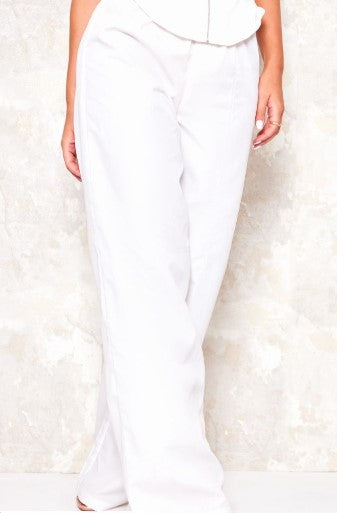 White Woven Wide Leg Cargo Trousers