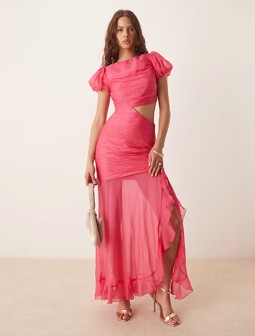 ASOS DESIGN ruched bodice cut out dropped waist maxi dress in raspberry
