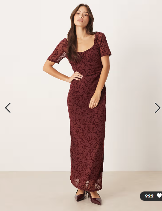ASOS DESIGN lace devore puff sleeve midi tea dress in burgundy