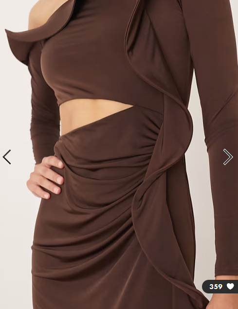 ASOS DESIGN long sleeve structured ruffle midi dress with cut out detail in chocolate