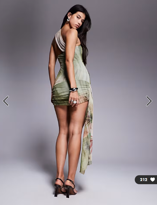 ASOS DESIGN mesh one shoulder with drape detail mini dress in abstract palm print
